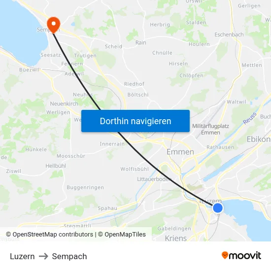 Luzern to Sempach map
