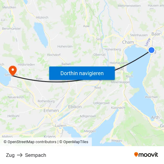 Zug to Sempach map