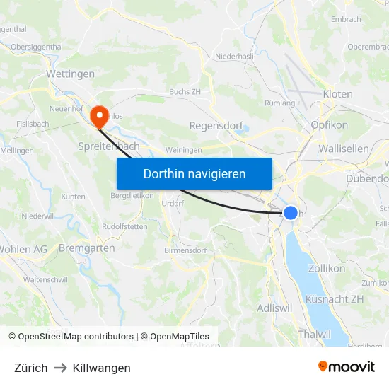 Zürich to Killwangen map