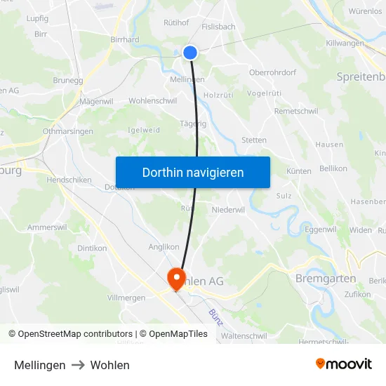 Mellingen to Wohlen map