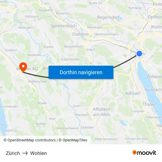Zürich to Wohlen map