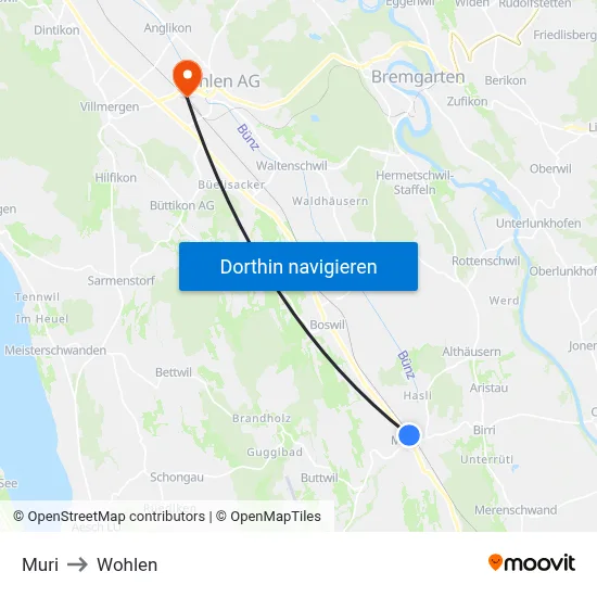 Muri to Wohlen map
