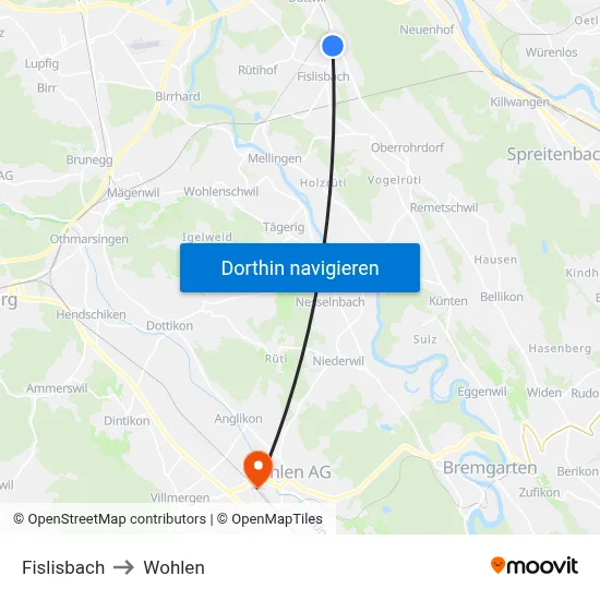 Fislisbach to Wohlen map