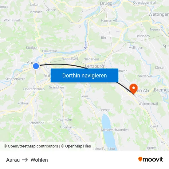 Aarau to Wohlen map
