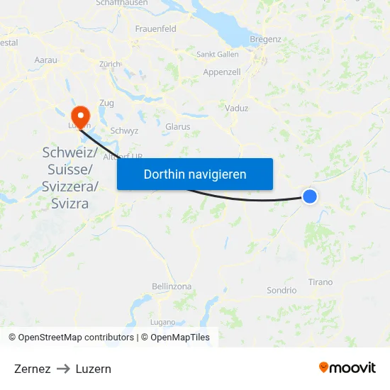 Zernez to Luzern map