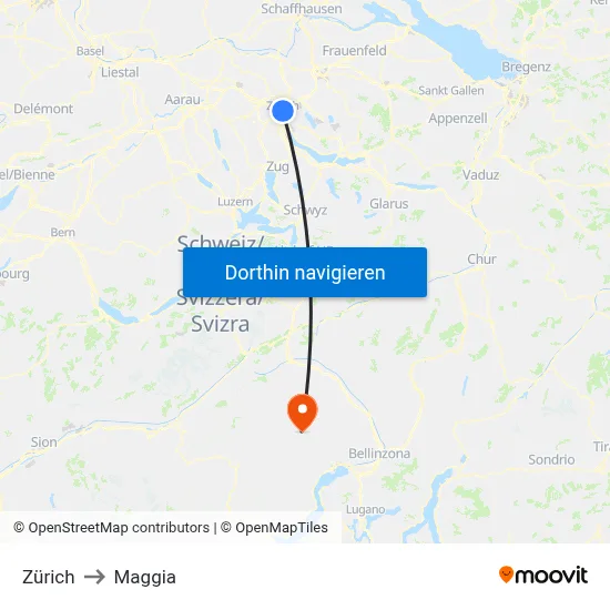 Zürich to Maggia map