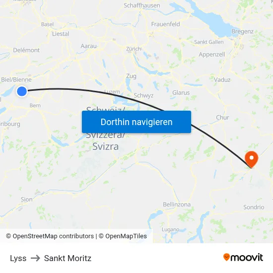Lyss to Sankt Moritz map