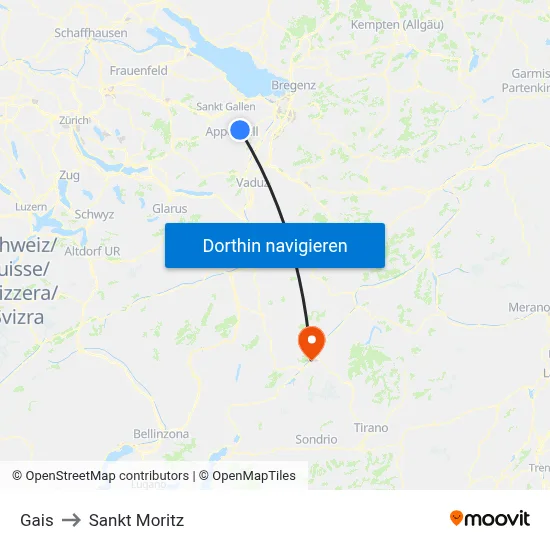 Gais to Sankt Moritz map