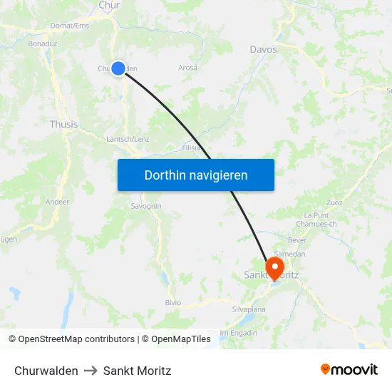 Churwalden to Sankt Moritz map