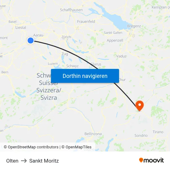 Olten to Sankt Moritz map