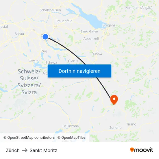 Zürich to Sankt Moritz map