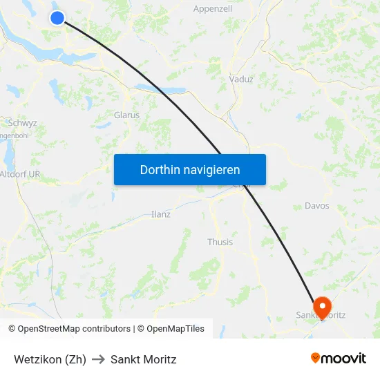Wetzikon (Zh) to Sankt Moritz map