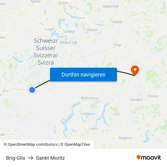 Brig-Glis to Sankt Moritz map