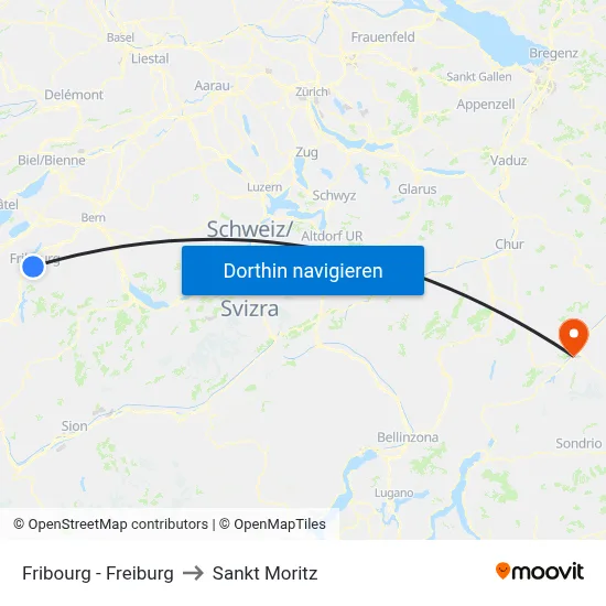 Fribourg - Freiburg to Sankt Moritz map