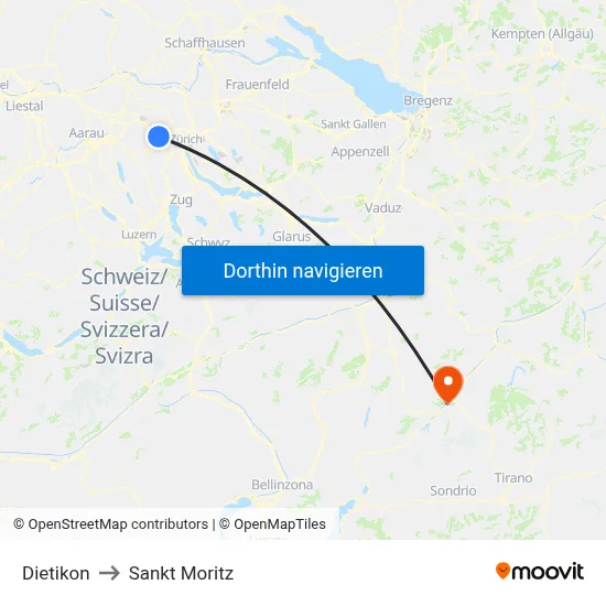Dietikon to Sankt Moritz map