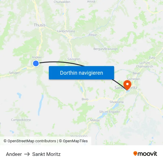 Andeer to Sankt Moritz map