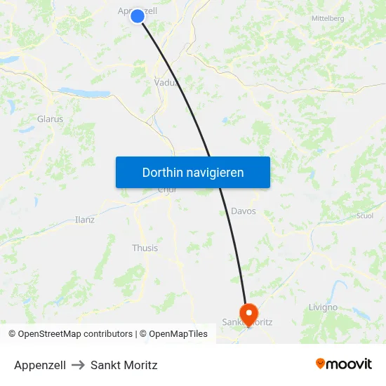 Appenzell to Sankt Moritz map