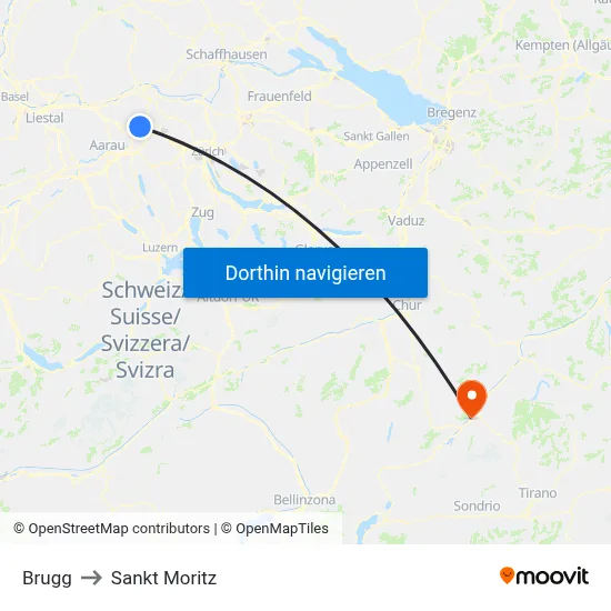Brugg to Sankt Moritz map