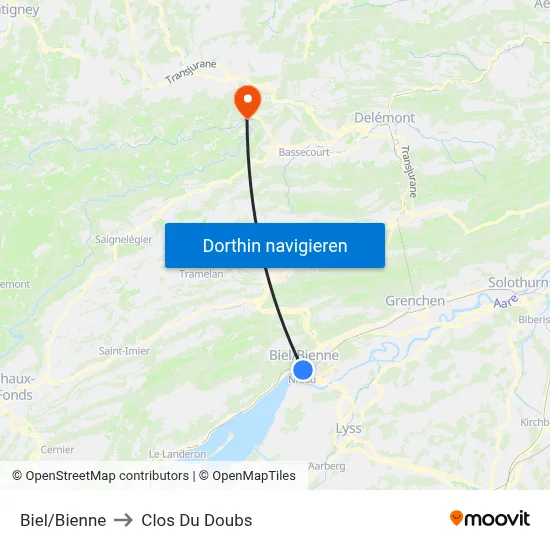 Biel/Bienne to Clos Du Doubs map
