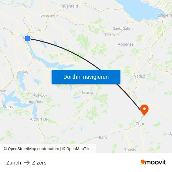 Zürich to Zizers map