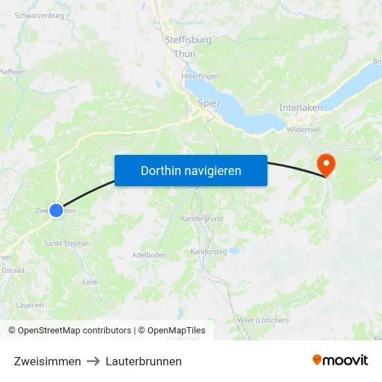 Zweisimmen to Lauterbrunnen map