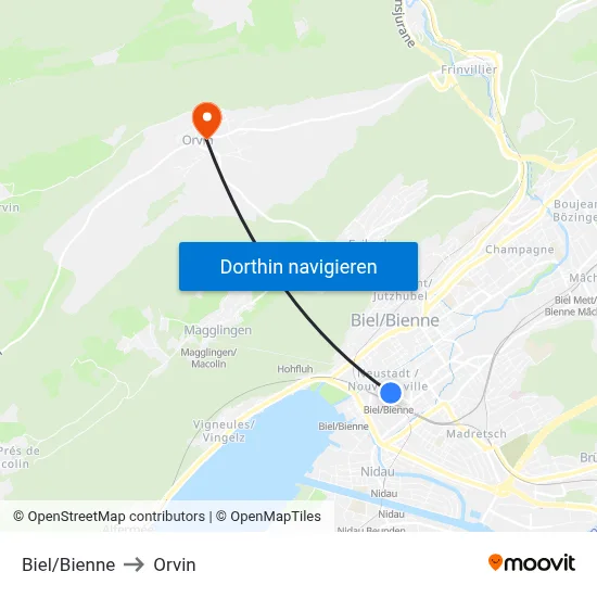 Biel/Bienne to Orvin map