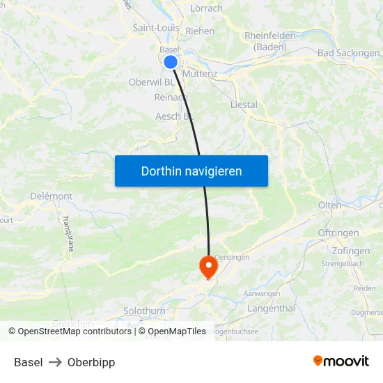 Basel to Oberbipp map