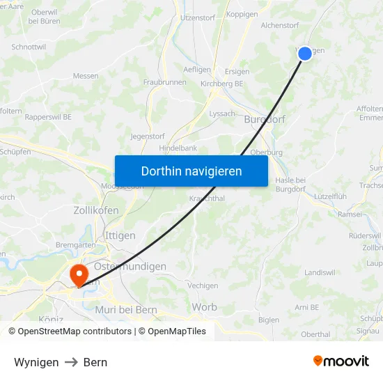 Wynigen to Bern map