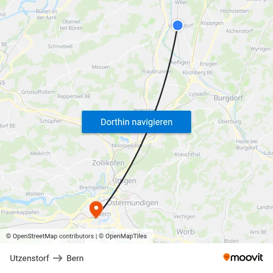 Utzenstorf to Bern map