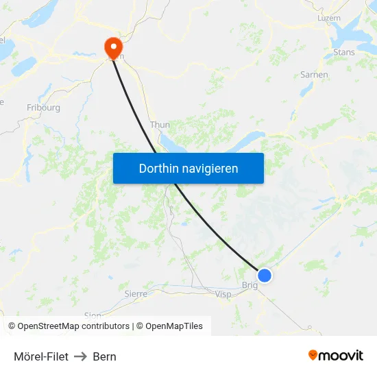 Mörel-Filet to Bern map