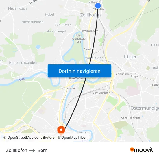 Zollikofen to Bern map