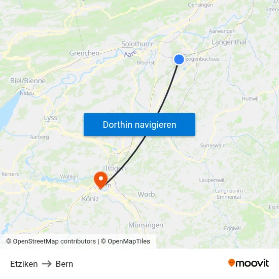Etziken to Bern map