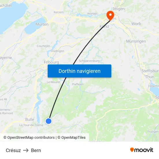 Crésuz to Bern map