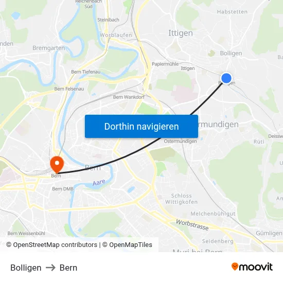 Bolligen to Bern map