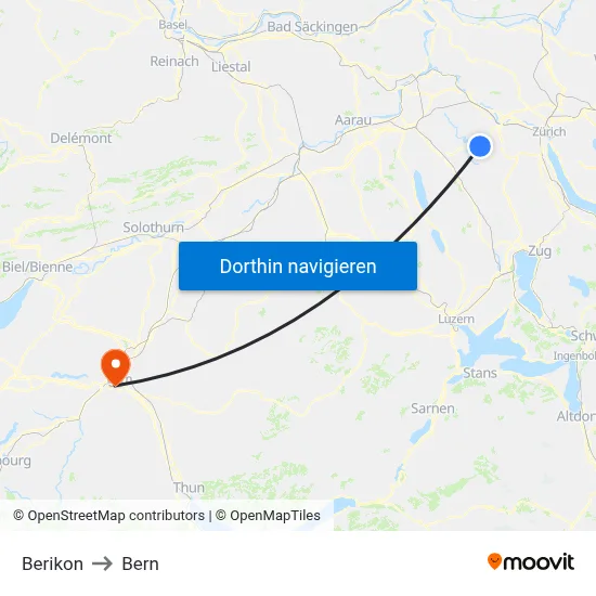 Berikon to Bern map