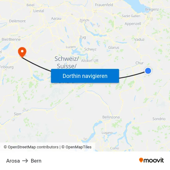 Arosa to Bern map