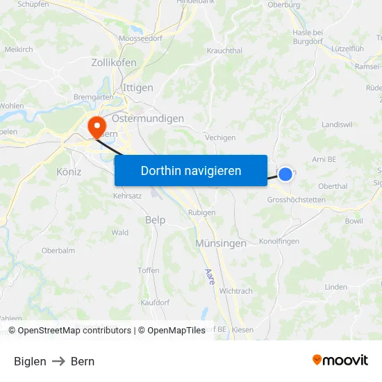 Biglen to Bern map
