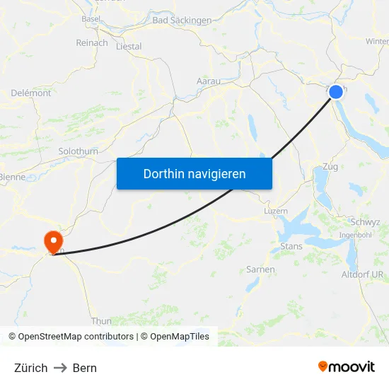 Zürich to Bern map