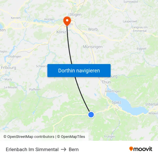 Erlenbach Im Simmental to Bern map