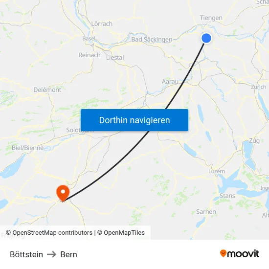 Böttstein to Bern map
