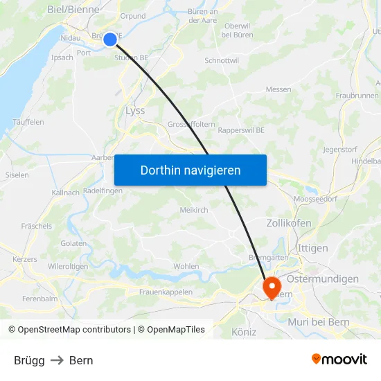 Brügg to Bern map