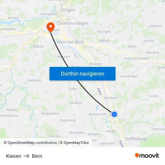 Kiesen to Bern map