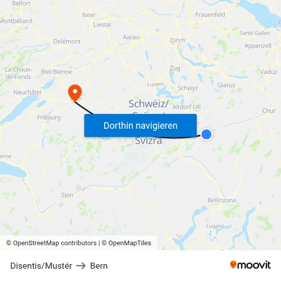 Disentis/Mustér to Bern map