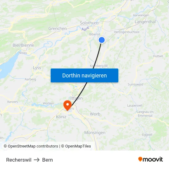 Recherswil to Bern map