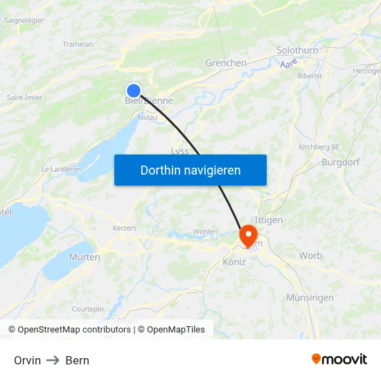 Orvin to Bern map