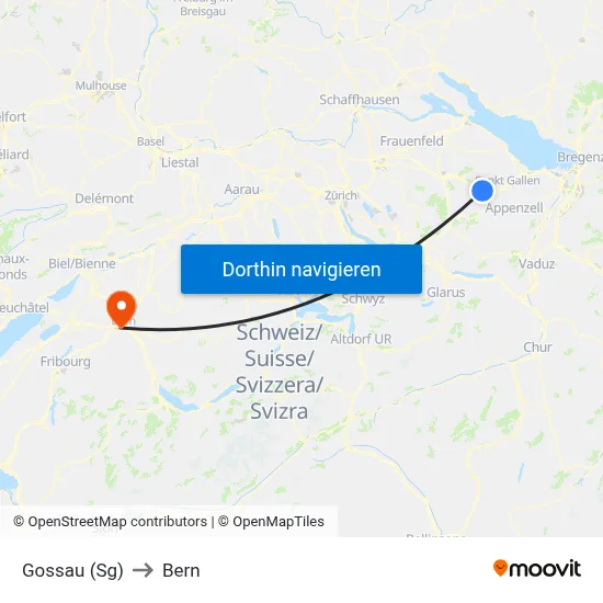 Gossau (Sg) to Bern map