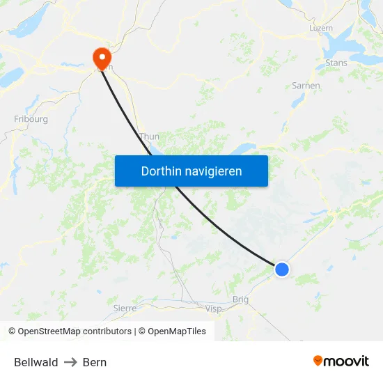 Bellwald to Bern map