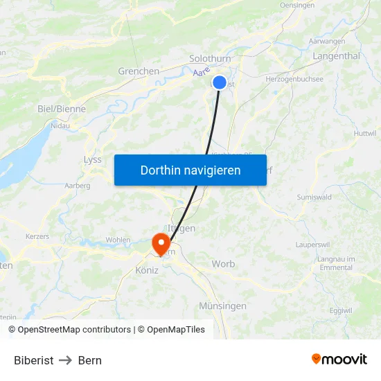 Biberist to Bern map
