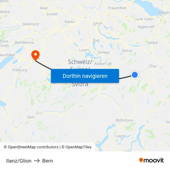Ilanz/Glion to Bern map