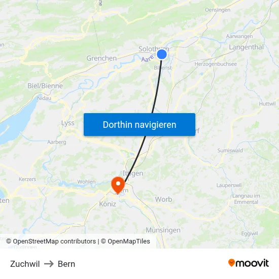 Zuchwil to Bern map